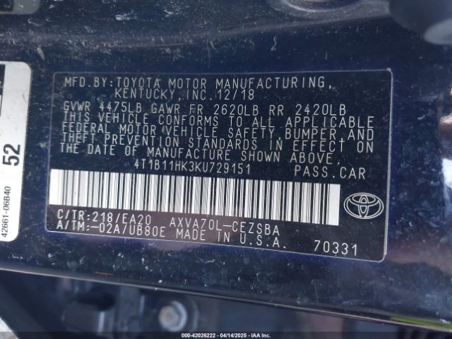 4T1B11HK3KU729151 Toyota CAMRY SE