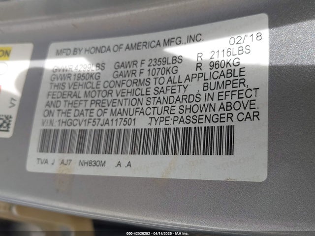 1HGCV1F57JA117501 Honda Accord Ex-l