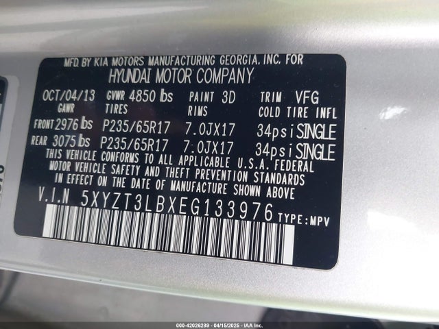 5XYZT3LBXEG133976 Hyundai gdi theta