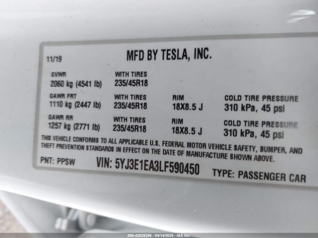 5YJ3E1EA3LF590450 Tesla MODEL 3