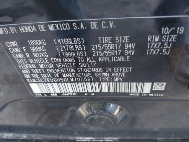 3CZRU6H50LM705567 Honda Hr-v Awd Ex