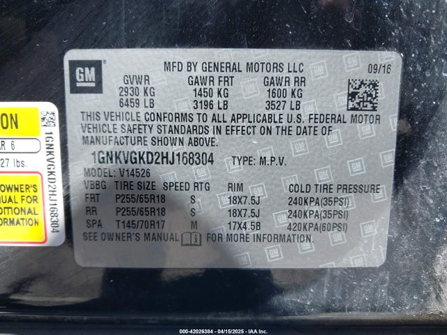 1GNKVGKD2HJ168304 Chevrolet Traverse 1lt