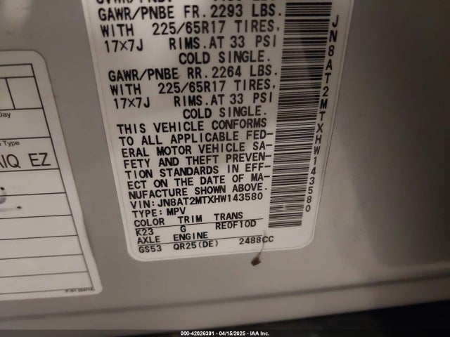 JN8AT2MTXHW143580 Nissan ROGUE SV