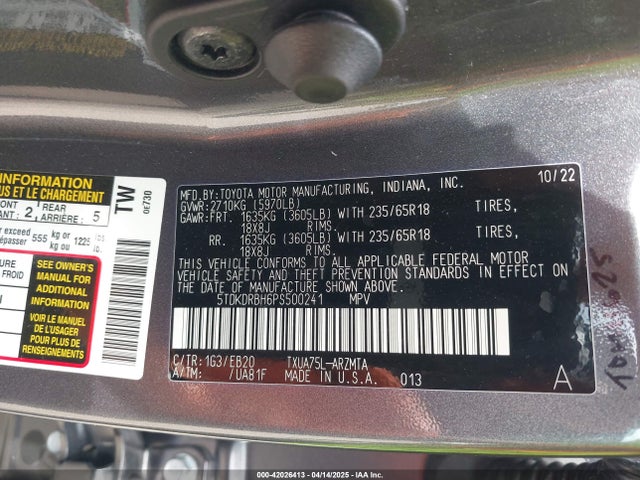 5TDKDRBH6PS500241 Toyota Highlander Xle