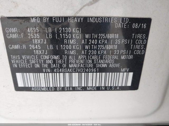 4S4BSAKC7H3240961 Subaru Outback 2.5i Limited