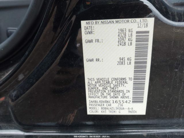 1N4BL4DV8KC165542 Nissan Altima 2.5 Sv