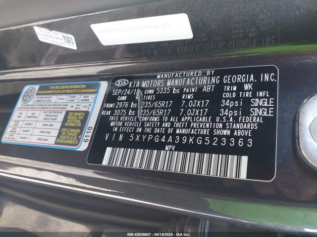 5XYPG4A39KG523363 KIA Sorento 2.4l Lx