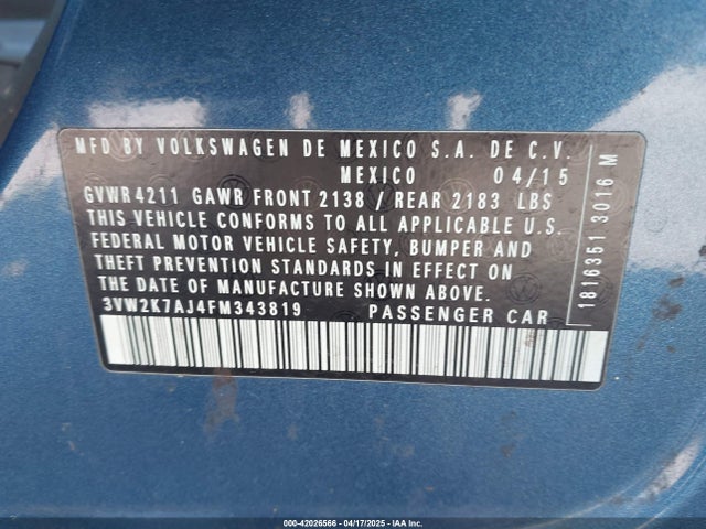 3VW2K7AJ4FM343819 Volkswagen Jetta 2.0l S