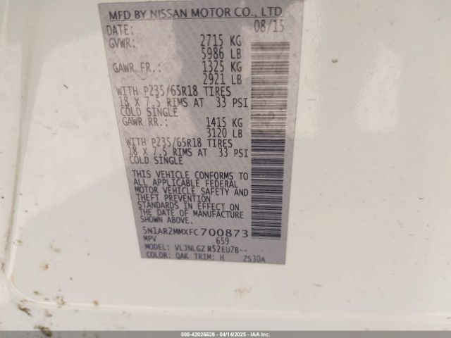 5N1AR2MMXFC700873 Nissan Pathfinder Sl