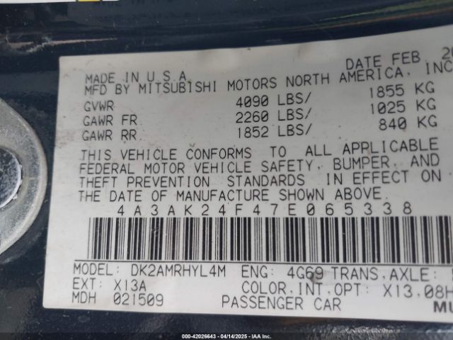 2007 MITSUBISHI ECLIPSE 4A3AK24F47E065338 Photo 8