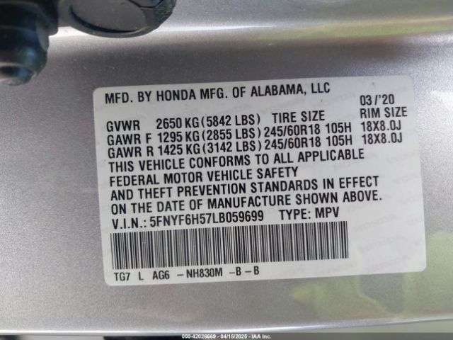 5FNYF6H57LB059699 Honda Pilot Awd Ex-l