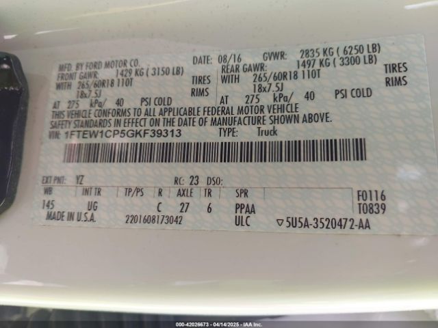 1FTEW1CP5GKF39313 Ford F-150 Xlt