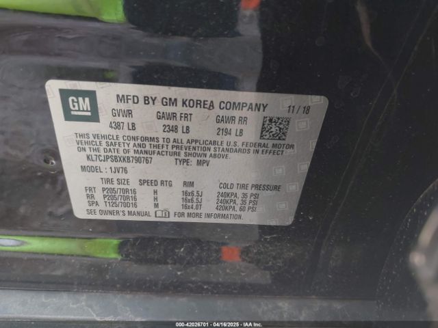 KL7CJPSBXKB790767 Chevrolet Trax Lt