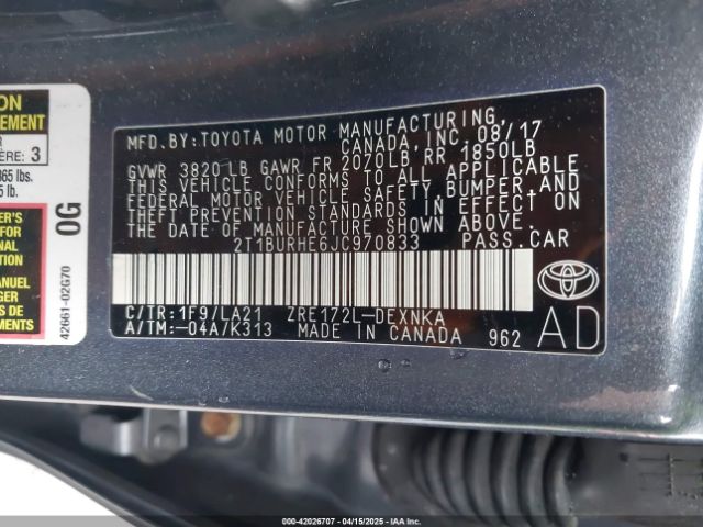 2T1BURHE6JC970833 Toyota Corolla Xle