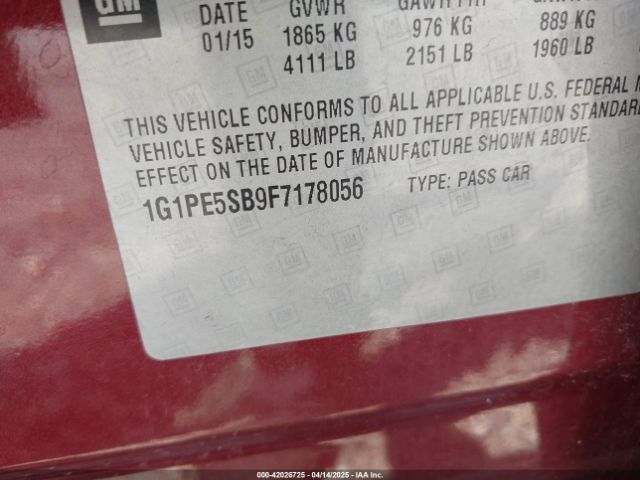 1G1PE5SB9F7178056 Chevrolet Cruze 2lt Auto
