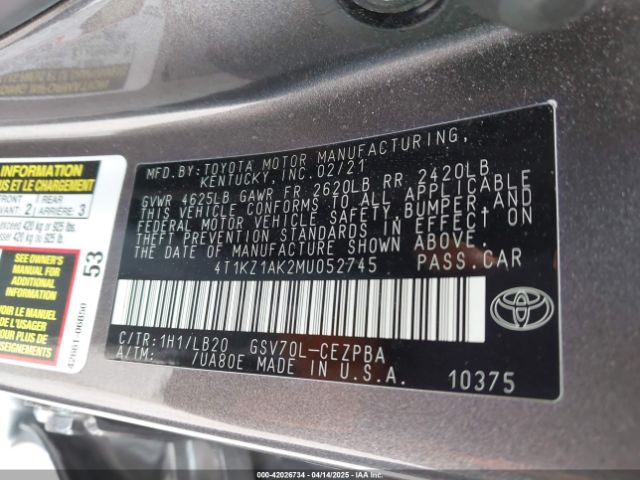 4T1KZ1AK2MU052745 Toyota Camry Xse V6