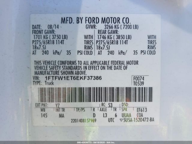 1FTFW1ET6EKF37386 Ford F-150 Xlt