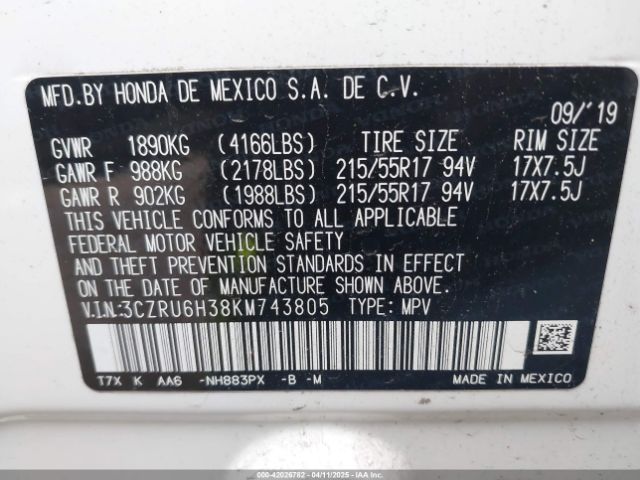3CZRU6H38KM743805 Honda HR-V LX