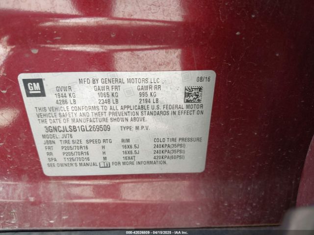 3GNCJLSB1GL269509 Chevrolet Trax Lt