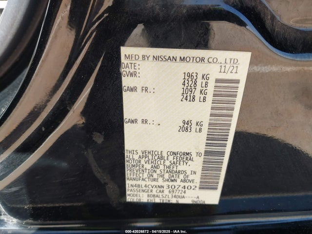 1N4BL4CVXNN307402 Nissan Altima Sr Fwd