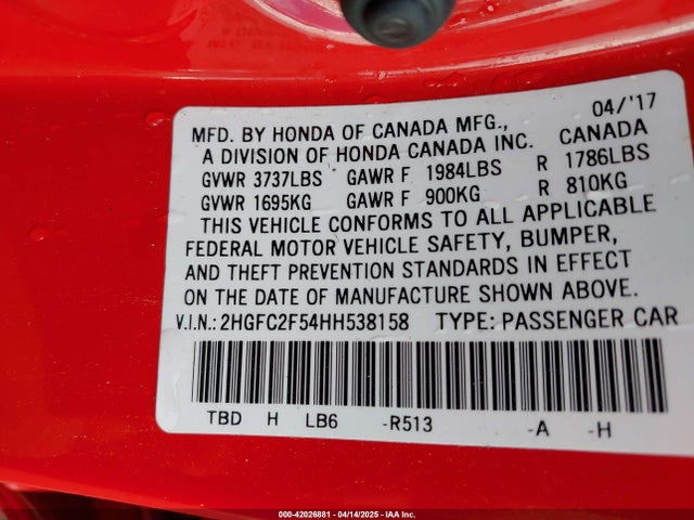 2HGFC2F54HH538158 Honda Civic Lx