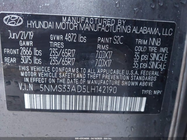 5NMS33AD5LH142190 Hyundai Santa Fe Sel
