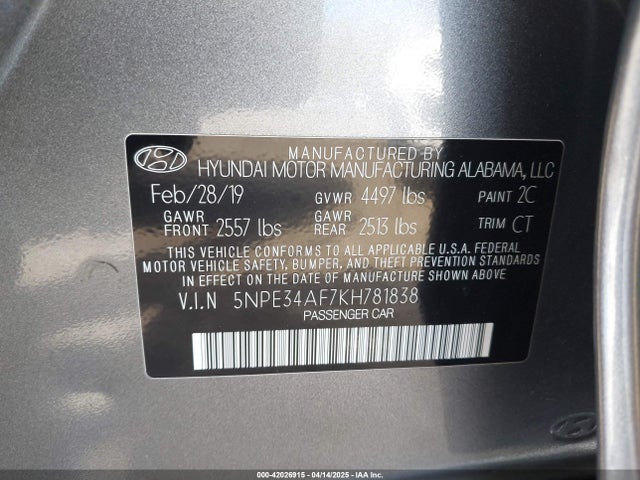 5NPE34AF7KH781838 Hyundai Sonata Limited