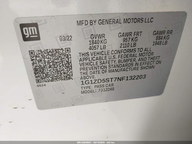 1G1ZD5ST7NF132203 Chevrolet Malibu Fwd Lt