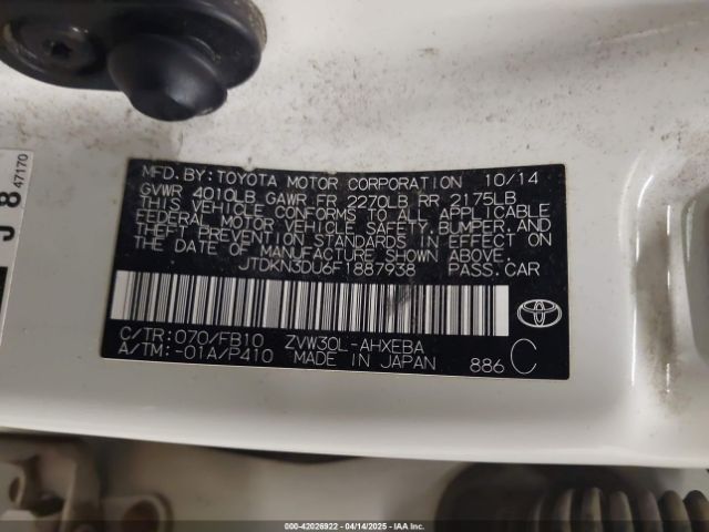 JTDKN3DU6F1887938 Toyota Prius Two