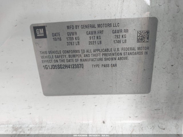 1G1JD5SG2H4123070 Chevrolet Sonic Lt Auto