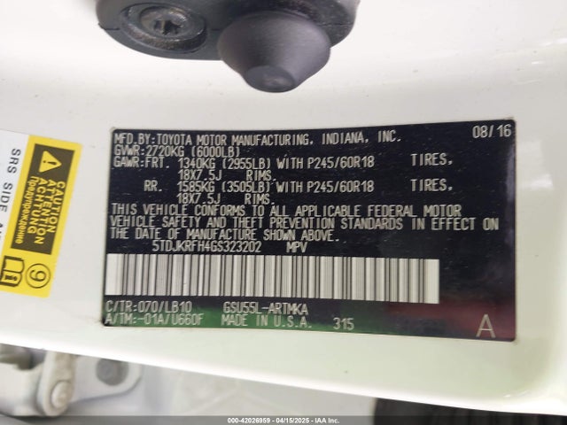 5TDJKRFH4GS323202 Toyota Highlander Xle V6