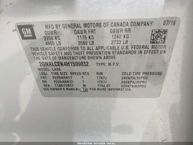 2GNALCEK4H1509832 Chevrolet EQUINOX LT