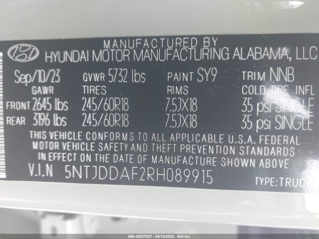 5NTJDDAF2RH089915 Hyundai Santa Cruz Xrt