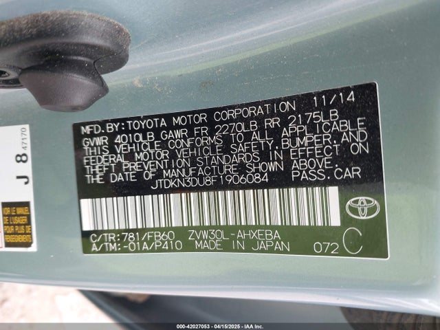 JTDKN3DU8F1906084 Toyota Prius Two