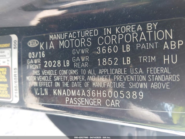 KNADM4A36H6005389 KIA RIO LX
