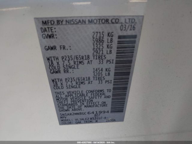 5N1AR2MN8GC641994 Nissan Pathfinder Sv