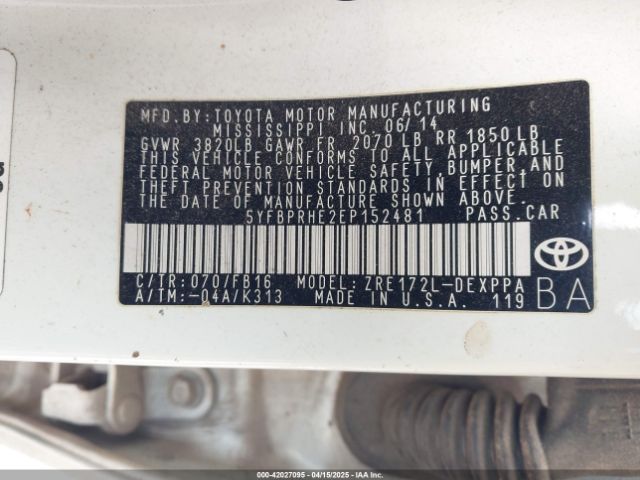 5YFBPRHE2EP152481 Toyota Corolla Le Eco Plus