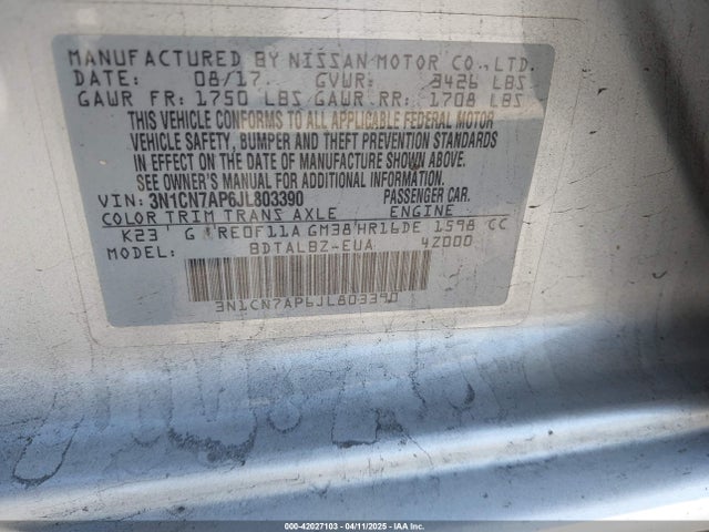 3N1CN7AP6JL803390 Nissan Versa 1.6 Sv