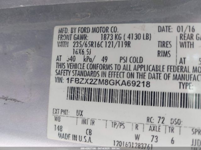 1FBZX2ZM8GKA69218 Ford Transit-350 Xlt