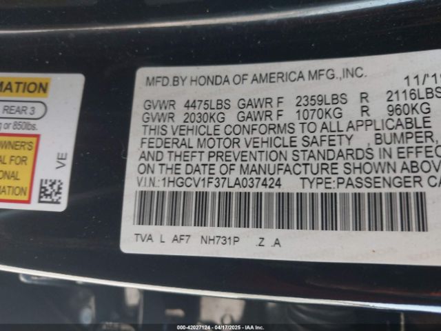 1HGCV1F37LA037424 Honda Accord Sport