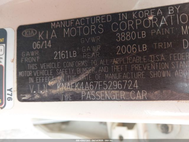 KNAFK4A67F5296724 KIA FORTE LX