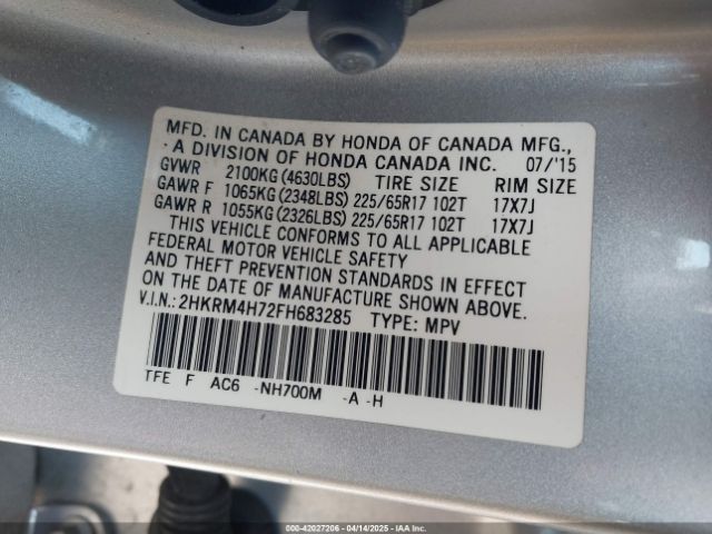 2HKRM4H72FH683285 Honda Cr-v Ex-l