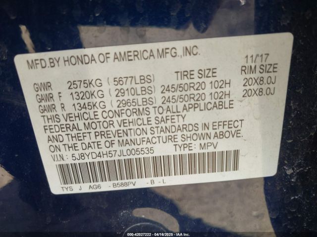 5J8YD4H57JL005535 Acura Mdx Technology Package   Acurawatch Plus Pkg