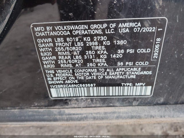 1V2SR2CA6NC563587 Volkswagen Atlas 3.6l V6 Sel R-line Black