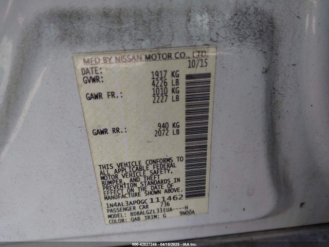 1N4AL3AP0GC111462 Nissan Altima 2.5 S