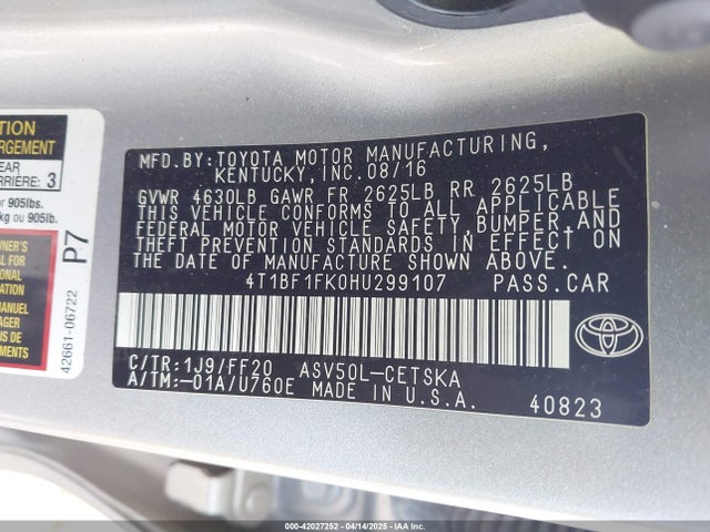 4T1BF1FK0HU299107 Toyota 2ar-fe