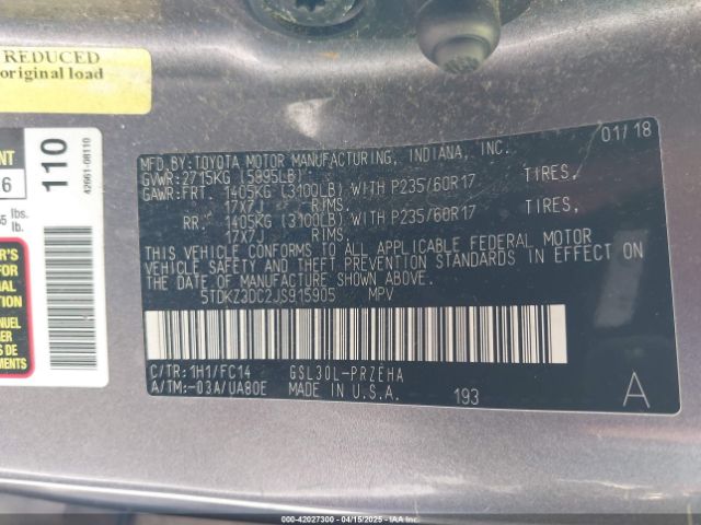 5TDKZ3DC2JS915905 Toyota Sienna Le 8 Passenger