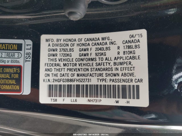 2HGFG3B86FH522731 Honda CIVIC EX