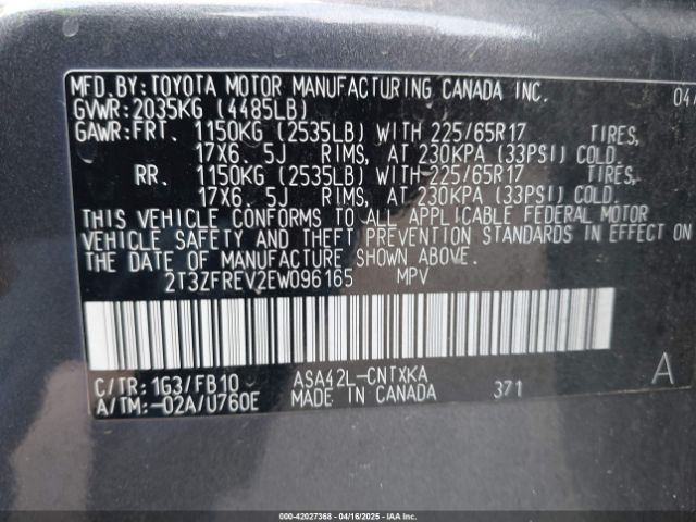 2T3ZFREV2EW096165 Toyota RAV4 LE