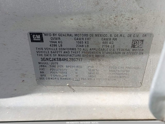 3GNCJKSB4HL289717 Chevrolet luv - mfi, vvt: variable valve timing, e85 max, alum